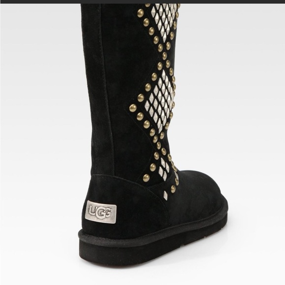 Ugg Avondale Black Suede Boots Diamond Gold and Silver Metal Studs inside zip - Picture 2 of 16